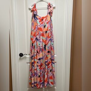 🌺 Flirty Tie Shoulder Size Medium Bohemian Floral Beach Resort Wear Maxi Dress
